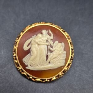 Vintage Three Graces Cameo Brooch Orange Gold Tone Goddesses